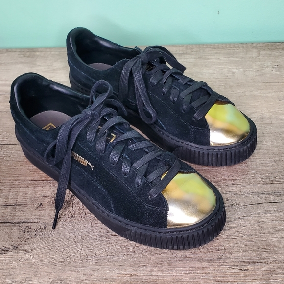 Puma Gold Toe Black Suede Platform Sneakers - Picture 2 of 9